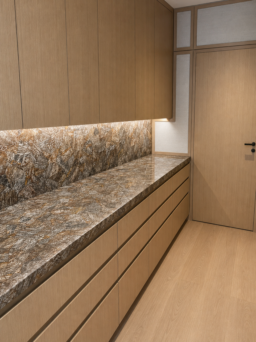 Custom Built-In Credenza with Stone Backsplash